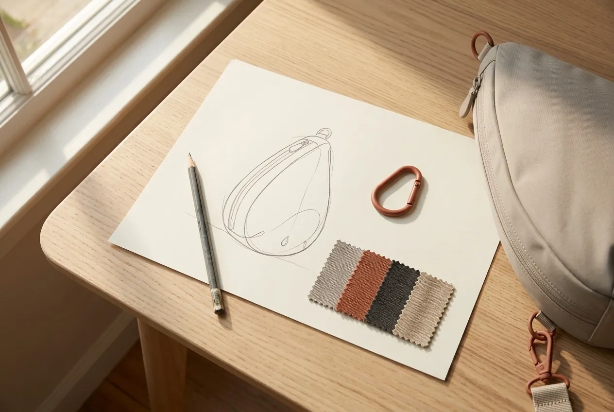 A single-line pencil drawing of a teardrop beside fabric swatches and a terracotta clip