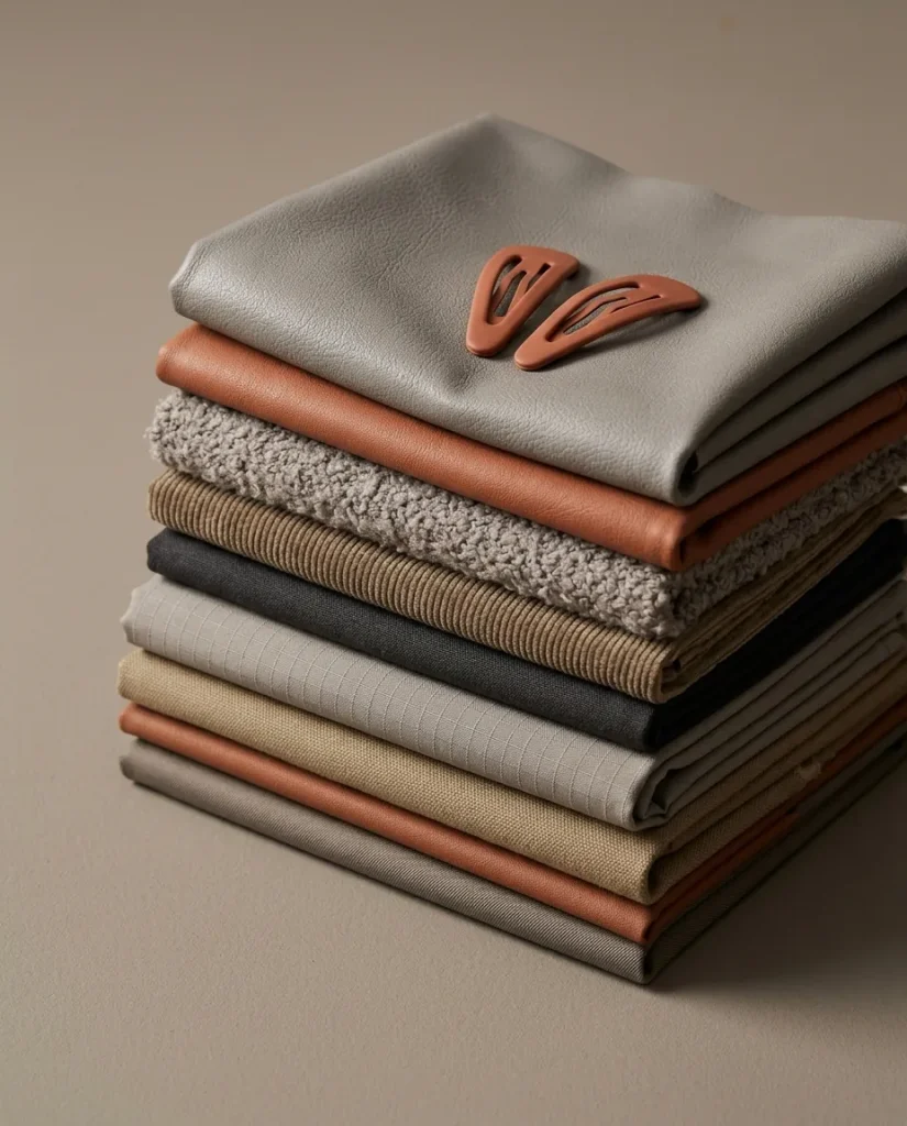 Folded fabric swatches in pebble, terracotta, charcoal and sand