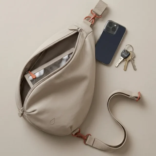 Clear Pouch · 1 L, in use with a Drop sling bag