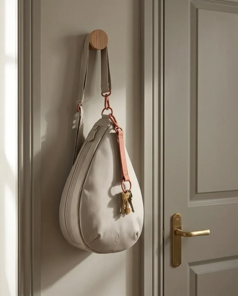 A Drop sling bag hanging on a peg by the front door