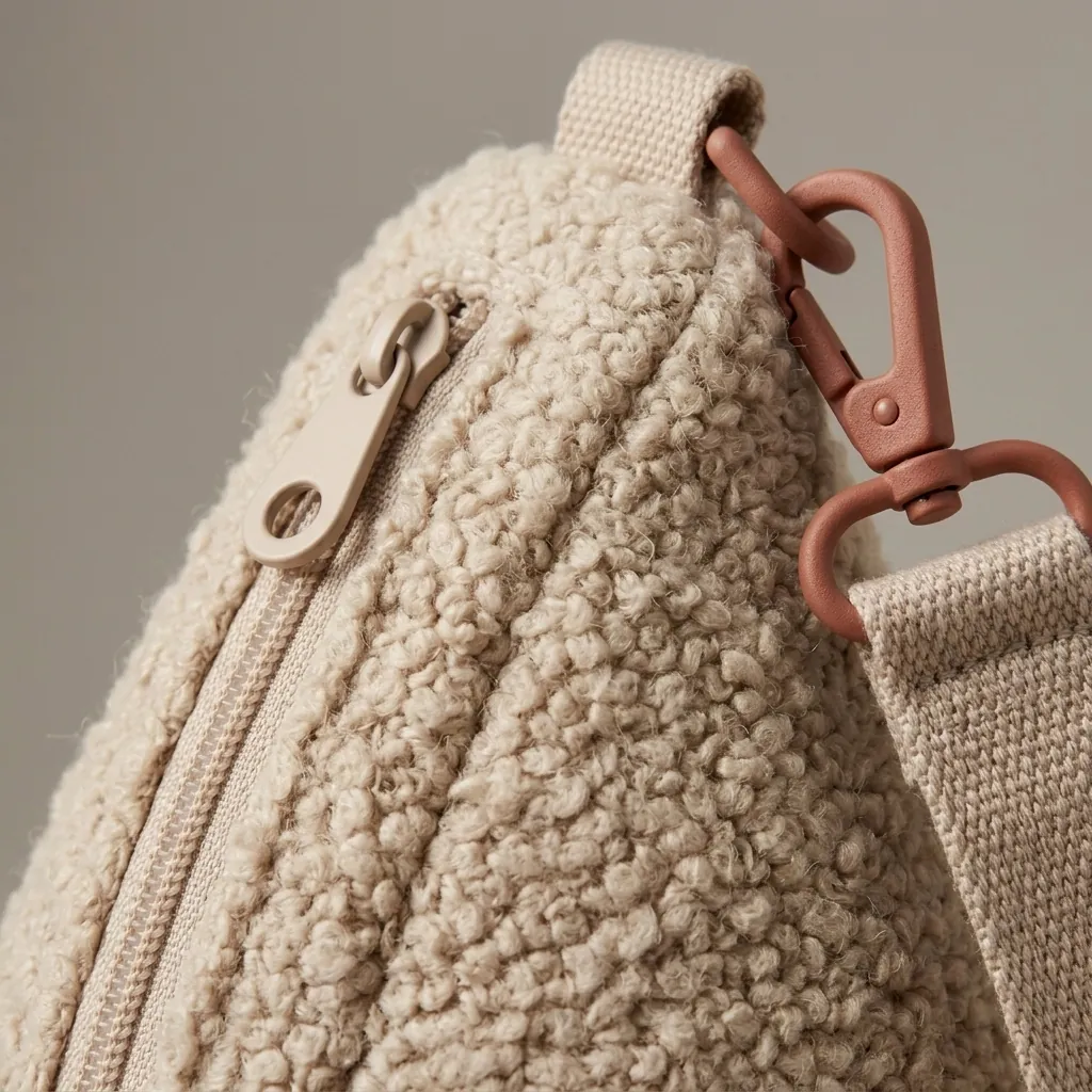 Drop 6 · Bouclé, nærbillede af Drop Clip og materialet