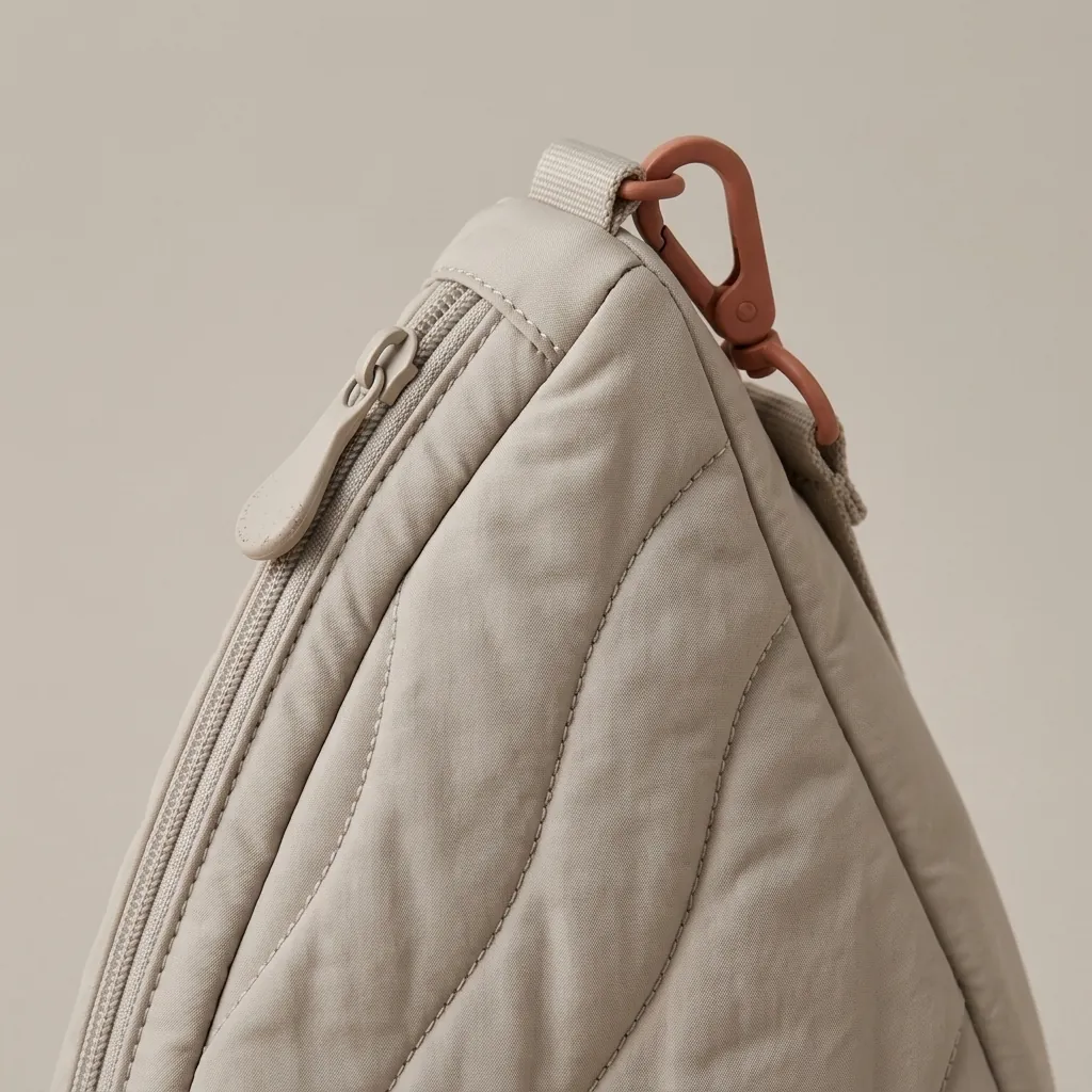 Drop 6 · Quilted, nærbillede af Drop Clip og materialet