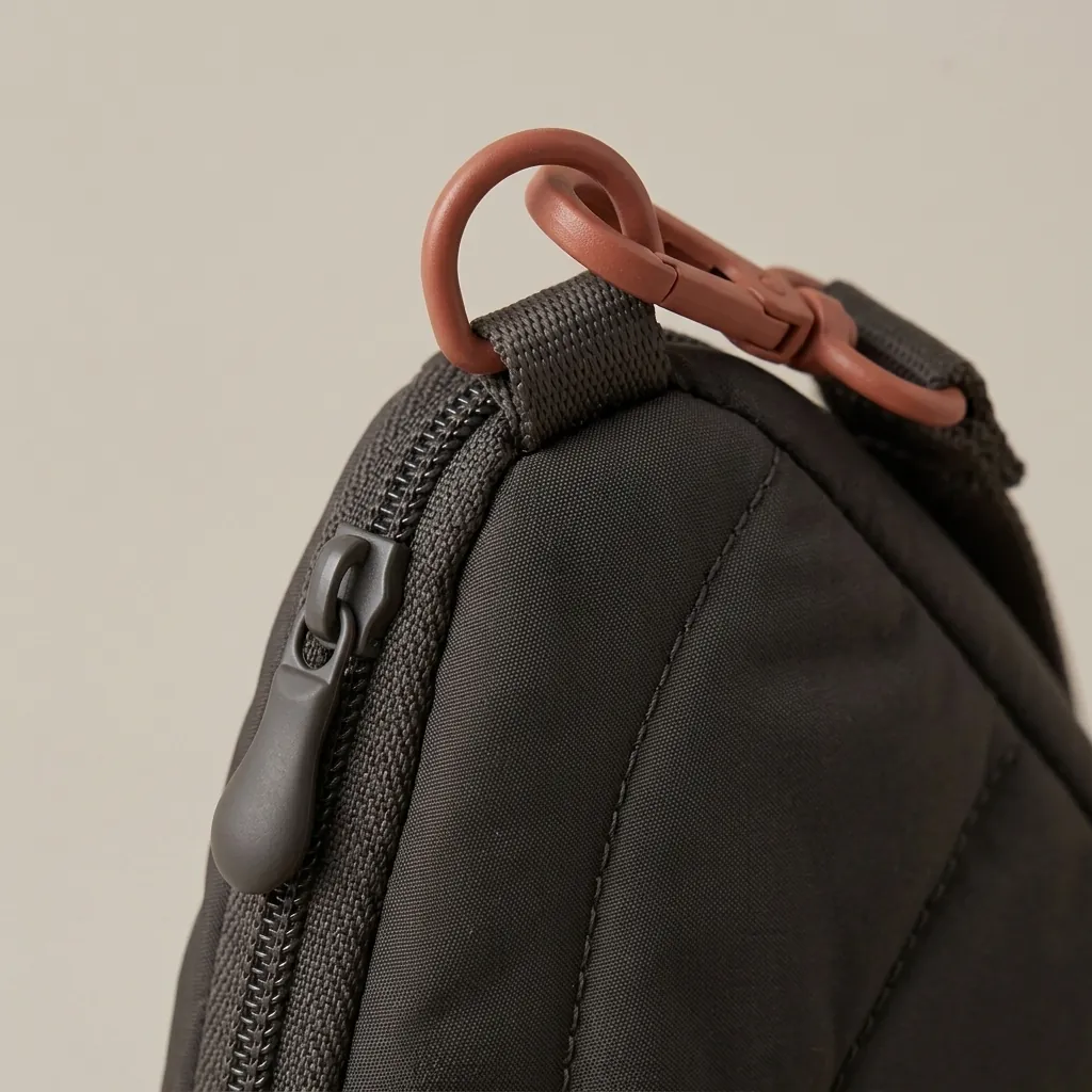 Droplet 1.5 · Quilted, nærbillede af Drop Clip og materialet