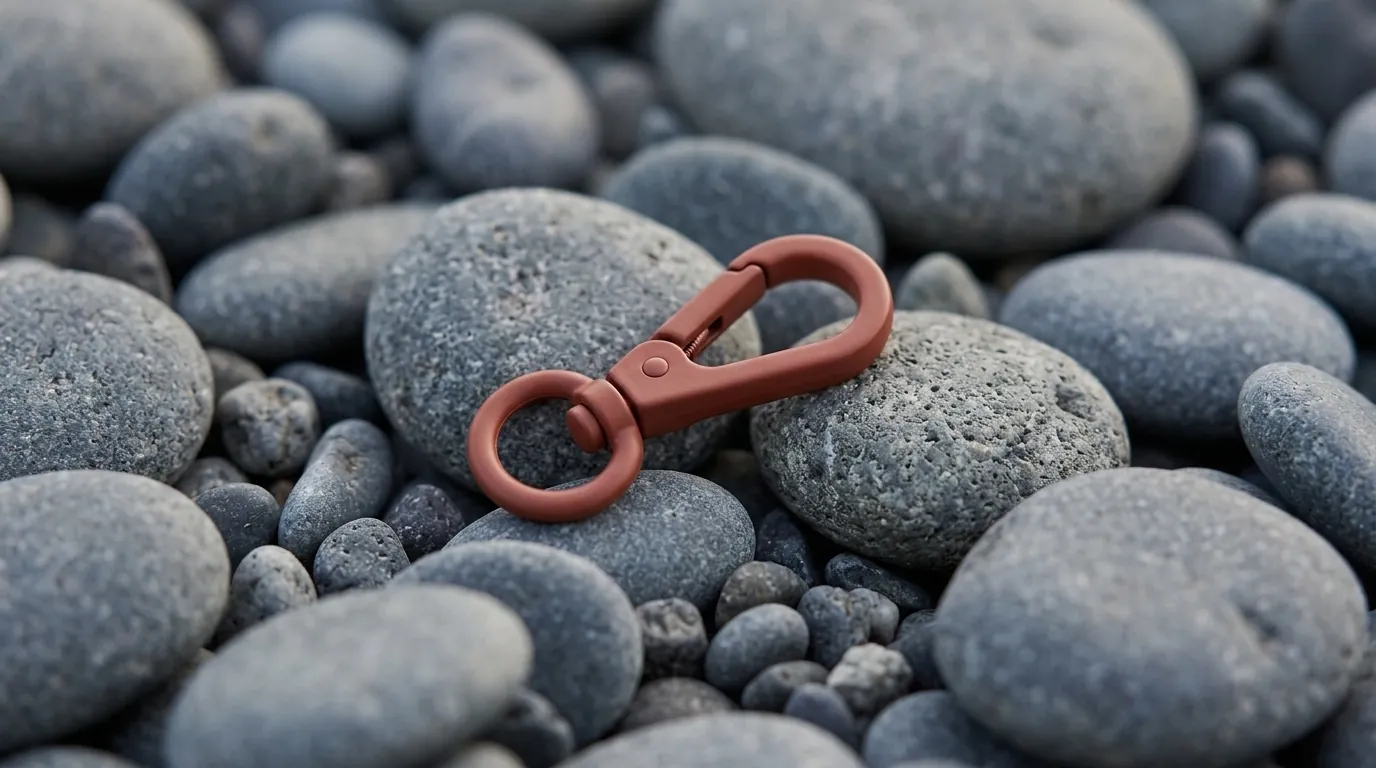 The terracotta Drop Clip resting on grey river pebbles