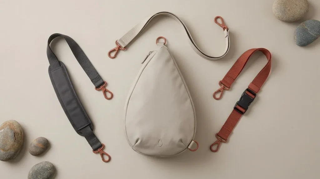 The Drop bag body with three straps laid around it