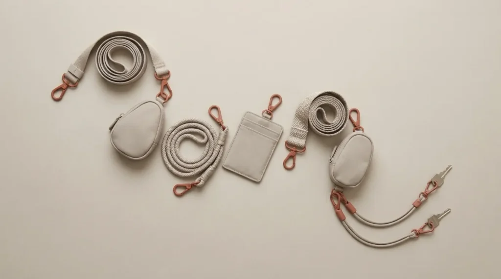 Straps, pouches and key leashes laid out in one curved line