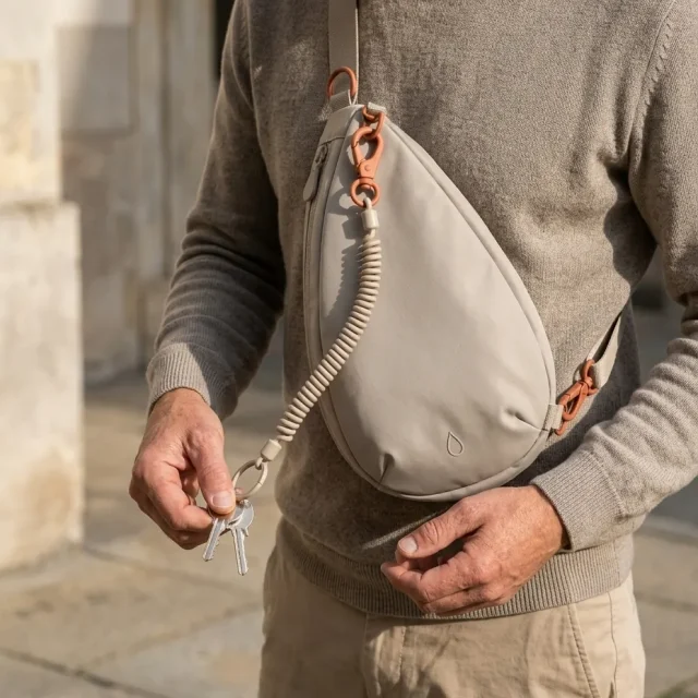 Key Leash · Coil, in use with a Drop sling bag
