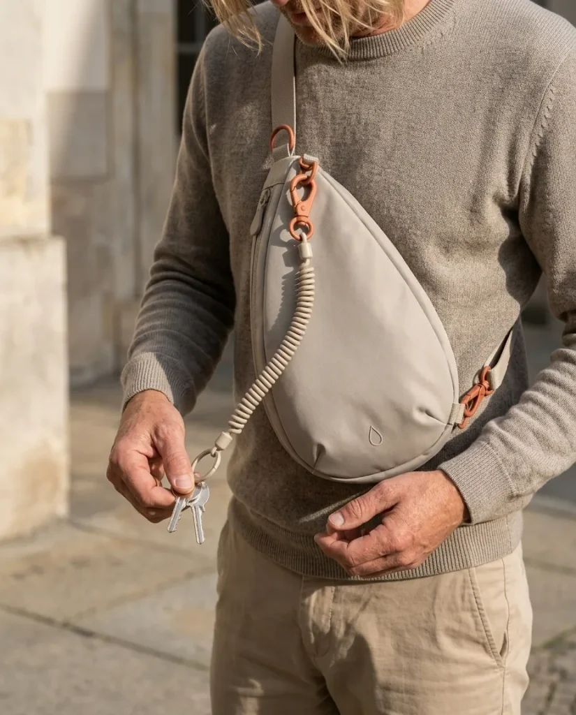 Key Leash · Coil, in use with a Drop sling bag