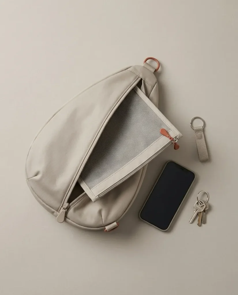 Pochette in mesh, in uso con una borsa sling Drop