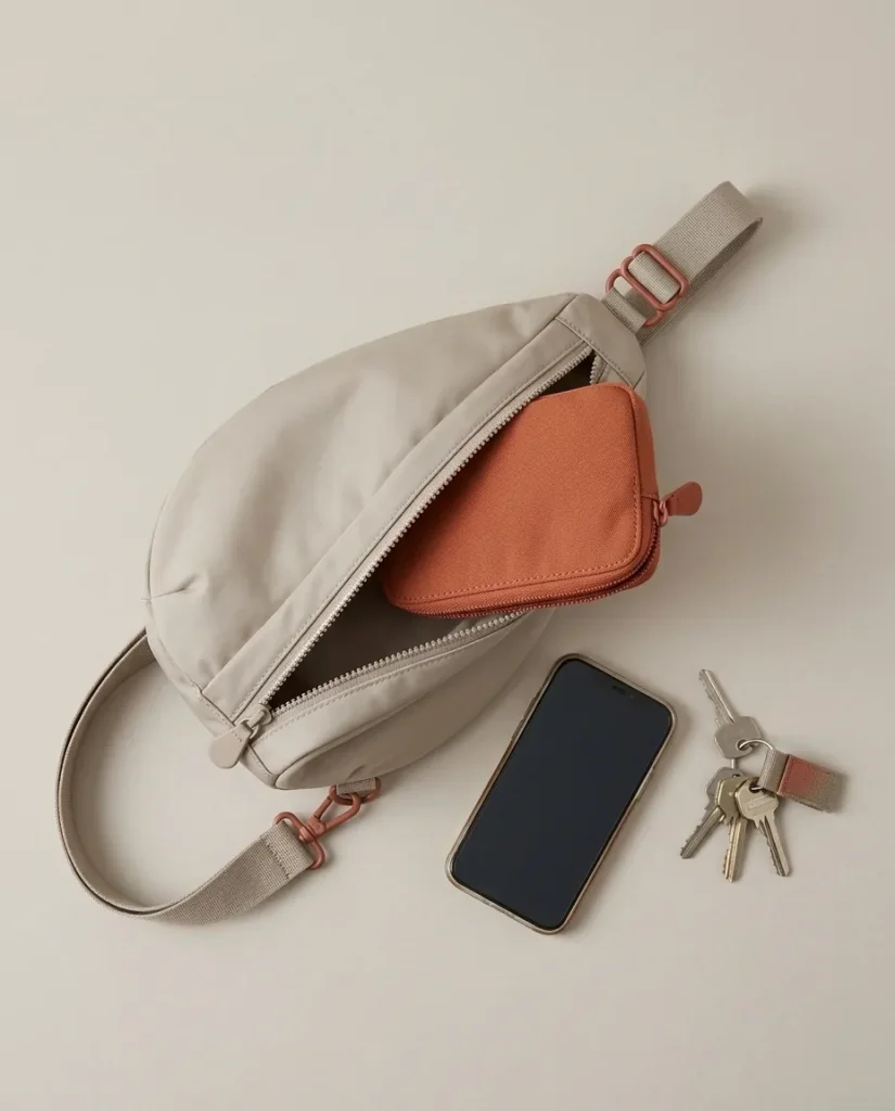 Pochette portapassaporto, in uso con una borsa sling Drop